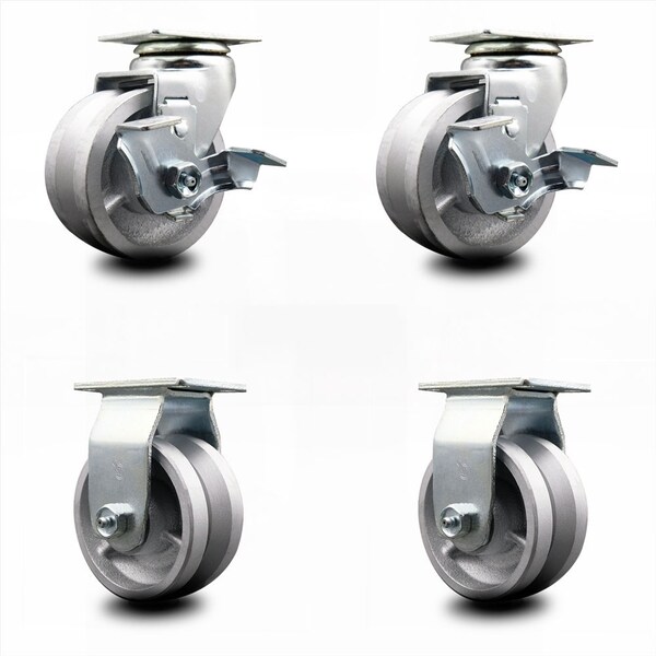 4 Inch V-Groove Semi Steel Caster Set with Ball Bearings 2 Brakes 2 Rigid SCC